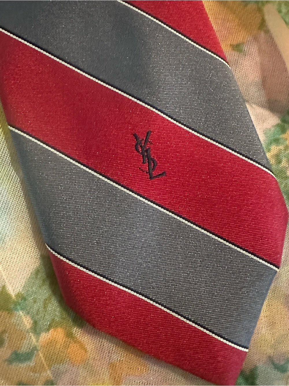 Yves Saint Laurent Burgundy and Gray classic Striped Silk Tie